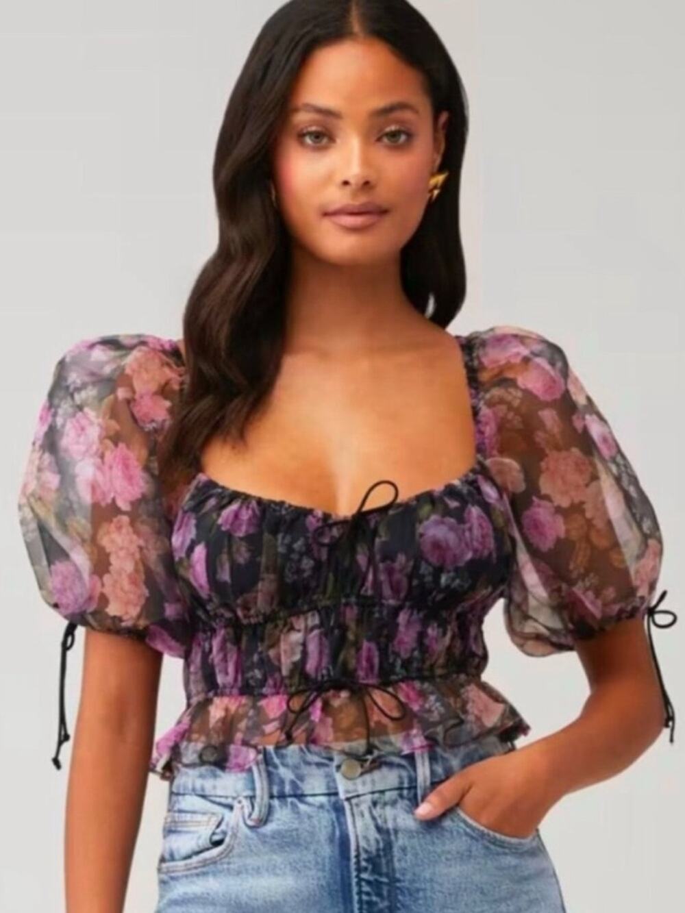 For Love & Lemons Purple Black Floral Cropped Blouse Womens XS Boho Fairy Girly